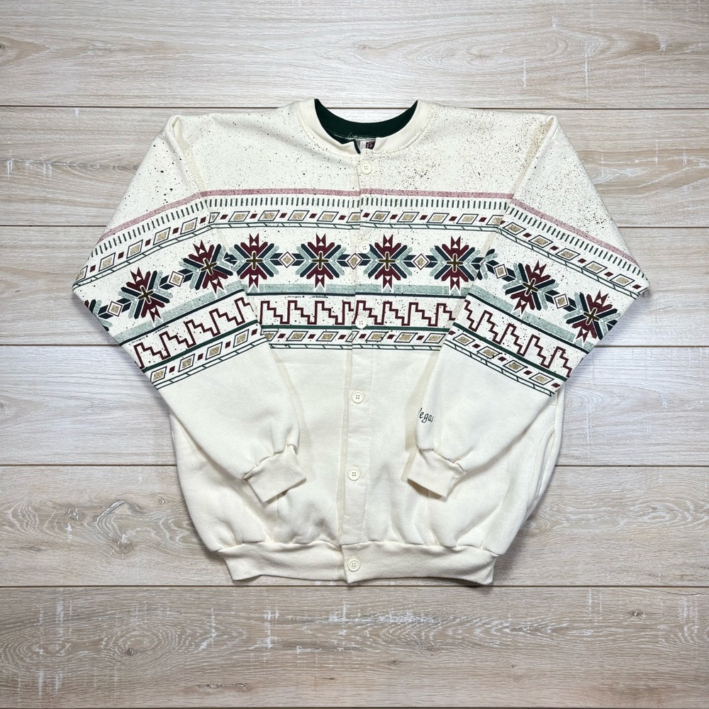 Vintage 90s Snowflake Print Button Up Sweatshirt | Size 2XL